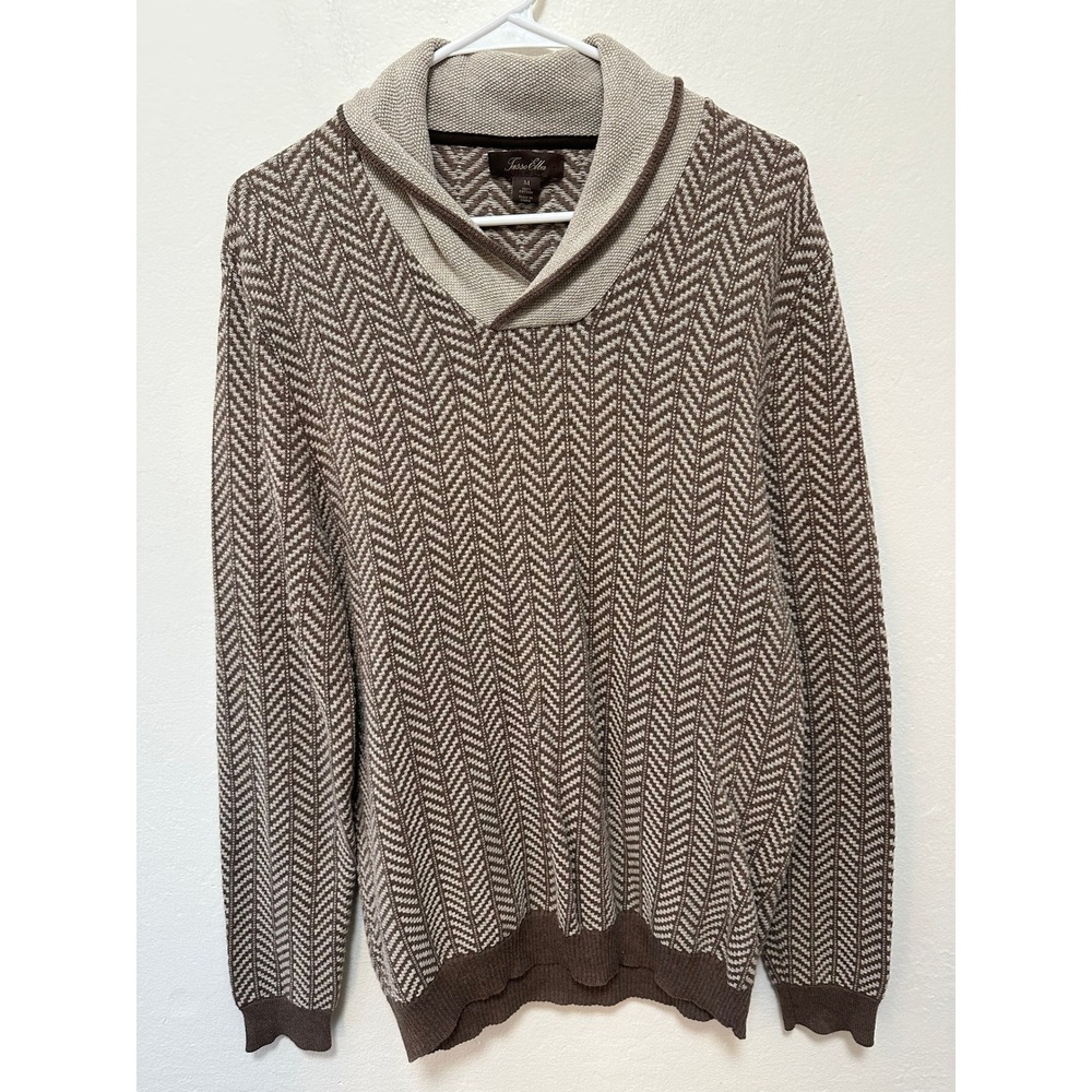 Tasse Elba Mens Sweater Cotton Herringbone Elbow Patch Brown Beige, Medium